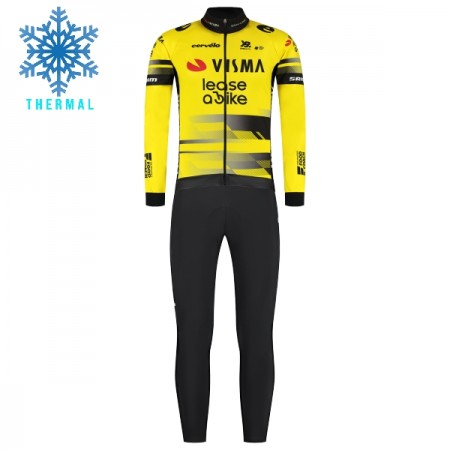 Set Fietsshirt Lange Mouw + Lange Koersbroek 2025 Visma Lease A Bike Winter Thermal Fleece Geel