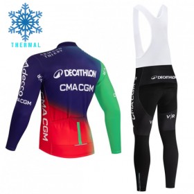 Set Fietsshirt Lange Mouw + Lange Koersbroek 2026 Decathlon CMA CGM Winter Thermal Fleece Blauw