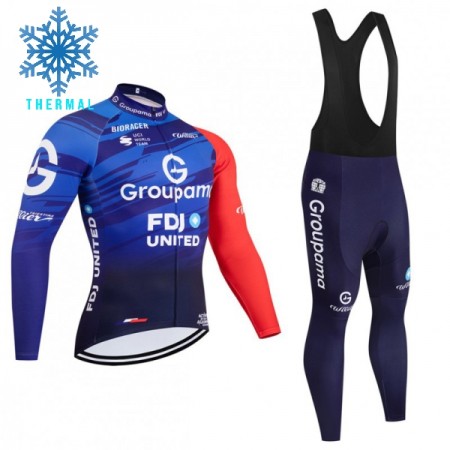 Set Fietsshirt Lange Mouw + Lange Koersbroek 2026 Groupama FDJ Winter Thermal Fleece Blauw