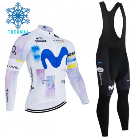 Set Fietsshirt Lange Mouw + Lange Koersbroek 2026 Movistar Team Winter Thermal Fleece Wit