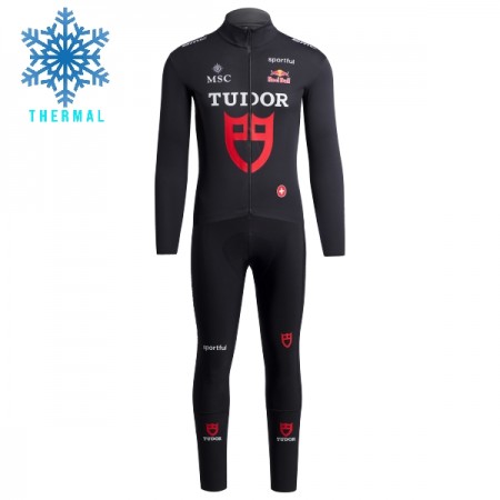 Set Fietsshirt Lange Mouw + Lange Koersbroek 2026 Tudor Pro Cycling Team Winter Thermal Fleece Zwart