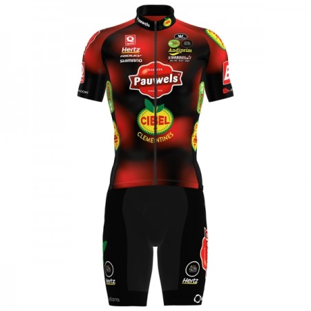 Set Fietsshirt + Korte Koersbroek 2025 Pauwels Sauzen Cibel Clementines Rood