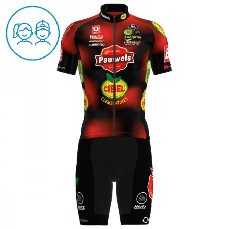 Set Fietsshirt + Korte Koersbroek 2025 Pauwels Sauzen Cibel Clementines Rood Kids