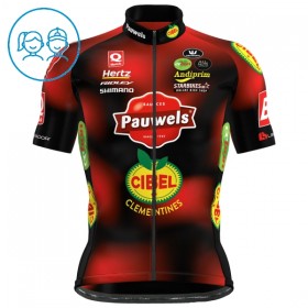 Set Fietsshirt + Korte Koersbroek 2025 Pauwels Sauzen Cibel Clementines Rood Kids