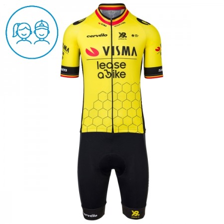 Set Fietsshirt + Korte Koersbroek 2025 Visma Lease A Bike Belgisch Kampioenschap Geel Kids