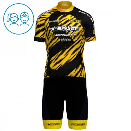 Set Fietsshirt + Korte Koersbroek 2025 X-Sauce Factory Team Zwart Kids