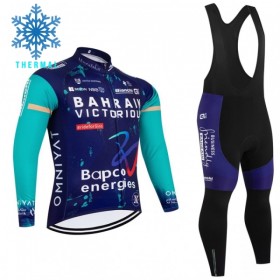 Set Fietsshirt Lange Mouw + Lange Koersbroek 2026 Bahrain Victorious Winter Thermal Fleece Blauw