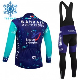 Set Fietsshirt Lange Mouw + Lange Koersbroek 2026 Bahrain Victorious Winter Thermal Fleece Blauw