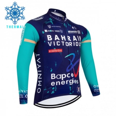 Wielershirt 2026 Bahrain Victorious Lange Mouw Winter Thermal Fleece Blauw